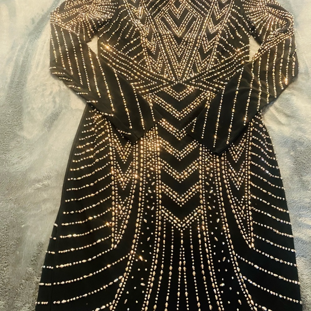 Xscape Black Dress with Gold Accents. Cocktail. Evening wear